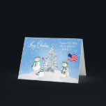 CHRISTMAS - Snowman - SOLDIER - PATRIOTISCH Feestdagen Kaart<br><div class="desc">Hetzelfde afbeelding voor andere takken van de dienst,  zeelieden,  zeeschepen enz. Hetzelfde afbeelding is ook beschikbaar voor niet-militaire doeleinden,  dat wil zeggen van onze familie tot die van u,  met uitzondering van vlaggen.</div>