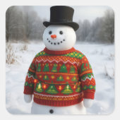 Christmas Snowman Wearing an Ugly Sweater Vierkante Sticker (Voorkant)