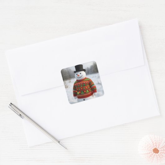 Christmas Snowman Wearing an Ugly Sweater Vierkante Sticker (Envelop)