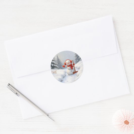Christmas Snowman with a Red Shovel Ronde Sticker (Envelop)