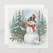 Christmas Snowman with Forest Animals and Birds Feestdagenkaart (Voorkant / Achterkant)