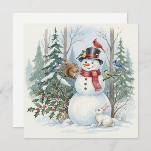 Christmas Snowman with Forest Animals and Birds Feestdagenkaart (Voorkant / Achterkant)