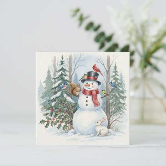 Christmas Snowman with Forest Animals and Birds Feestdagenkaart (Staand voorkant)