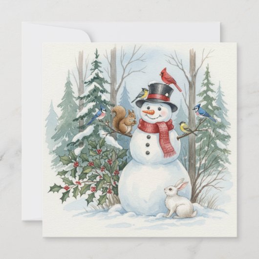 Christmas Snowman with Forest Animals and Birds Feestdagenkaart (Voorkant)