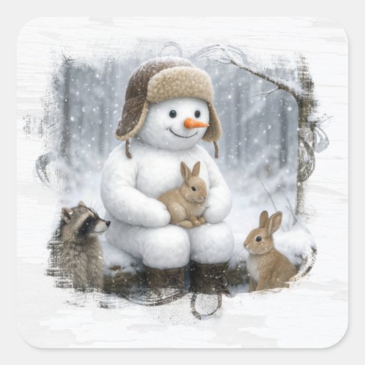 Christmas Snowman With Friends In Winter Woods Vierkante Sticker (Voorkant)