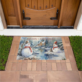 Christmas Snowmen Log Cabin Bossen River Deurmat