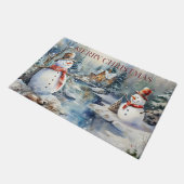 Christmas Snowmen Log Cabin Bossen River Deurmat (Schuin)