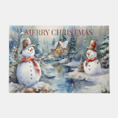 Christmas Snowmen Log Cabin Bossen River Deurmat (Voorkant)