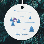 Christmas Snowy Landscape Ornament<br><div class="desc">Versier je kerstboom met dit ornament! Het wordt geleverd met een besneeuwd landschap in een waterverf schilderstijl met vuurbomen en een paarse huis en de tekst Vrolijk kerstfeest!</div>