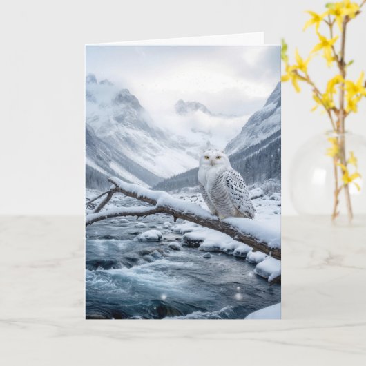Christmas Snowy Owl On a Winter Tree Branch Kaart (Gele Bloem)