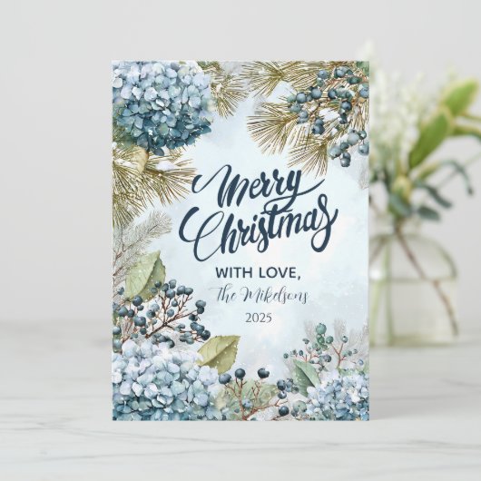 Christmas Snowy Pine Hydrangea Feestdagenkaart (Staand voorkant)