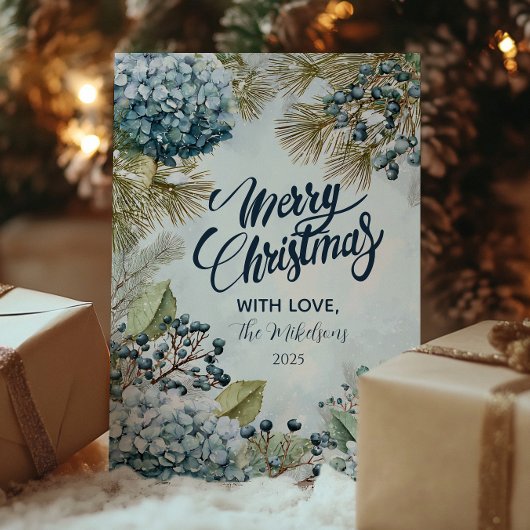 Christmas Snowy Pine Hydrangea Feestdagenkaart