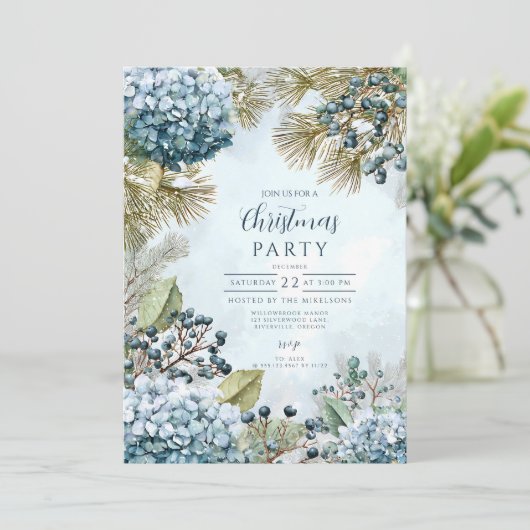 Christmas Snowy Pine Hydrangea Kaart (Staand voorkant)