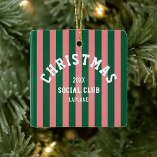 Christmas Social Club Groen Roze Snoep Strepen Keramisch Ornament