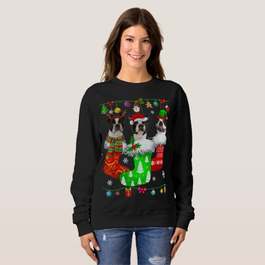 Christmas Socks Pajama Boston Terrier Dog Puppy Lo Trui (Voorkant volledig)
