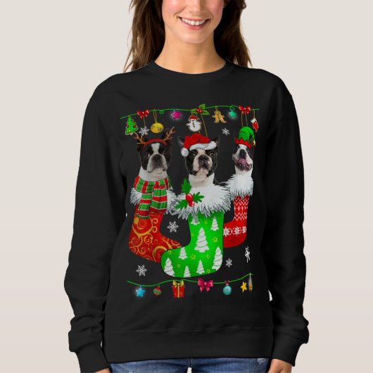 Christmas Socks Pajama Boston Terrier Dog Puppy Lo Trui (Voorkant)
