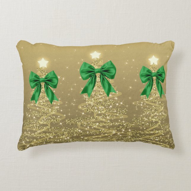 Christmas Sparkling Trees Gold Faux Green Bow  Accent Kussen (Voorkant)