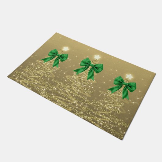 Christmas Sparkling Trees Gold Faux Green Bow Deurmat (Schuin)