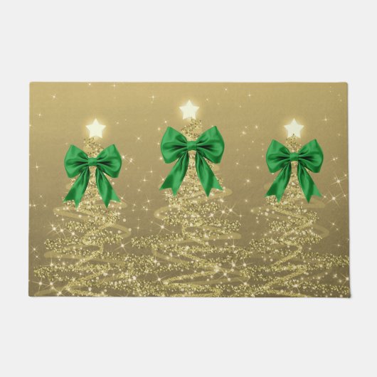 Christmas Sparkling Trees Gold Faux Green Bow Deurmat (Voorkant)