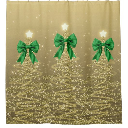 Christmas Sparkling Trees Gold Faux Green Bow Douchegordijn (Voorkant)
