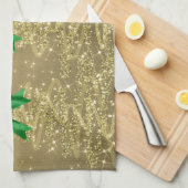 Christmas Sparkling Trees Gold Faux Green Bow Theedoek (Quarter Fold)