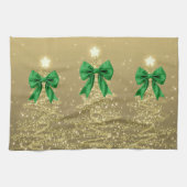 Christmas Sparkling Trees Gold Faux Green Bow Theedoek (Horizontaal)