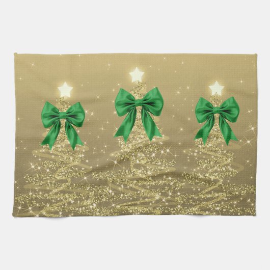 Christmas Sparkling Trees Gold Faux Green Bow Theedoek (Horizontaal)