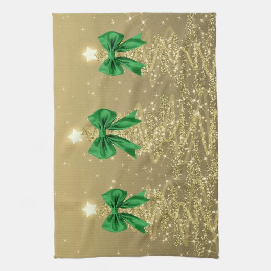 Christmas Sparkling Trees Gold Faux Green Bow Theedoek (Verticaal)