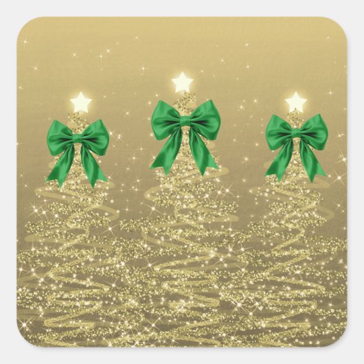 Christmas Sparkling Trees Gold Faux Green Bow  Vierkante Sticker (Voorkant)