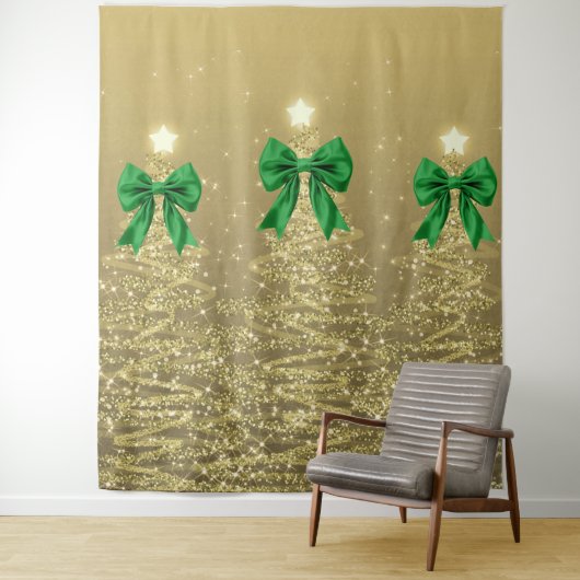 Christmas Sparkling Trees Gold Faux Green Bow Wandkleed (In situ)
