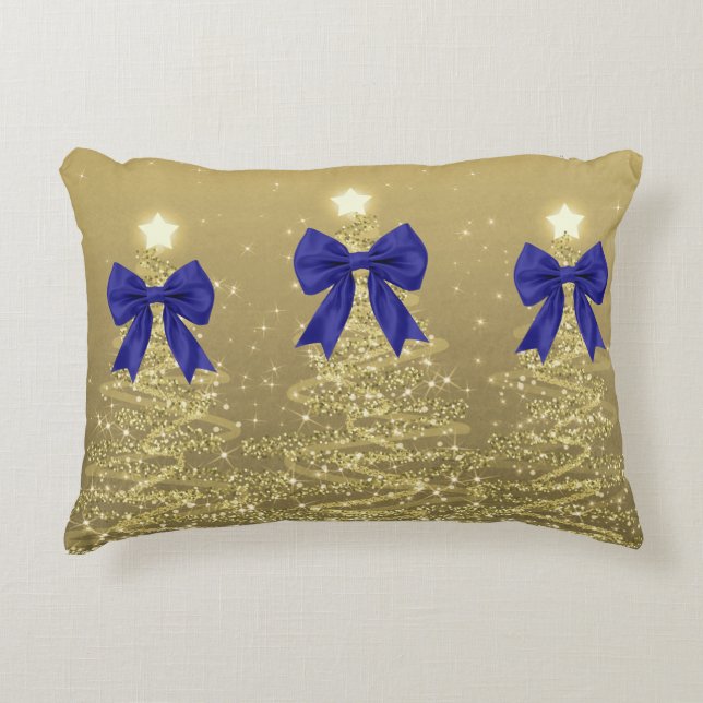 Christmas Sparkling Trees Gold Faux Navy Bow  Accent Kussen (Voorkant)