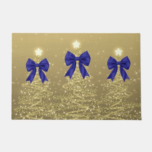 Christmas Sparkling Trees Gold Faux Navy Bow Deurmat (Voorkant)