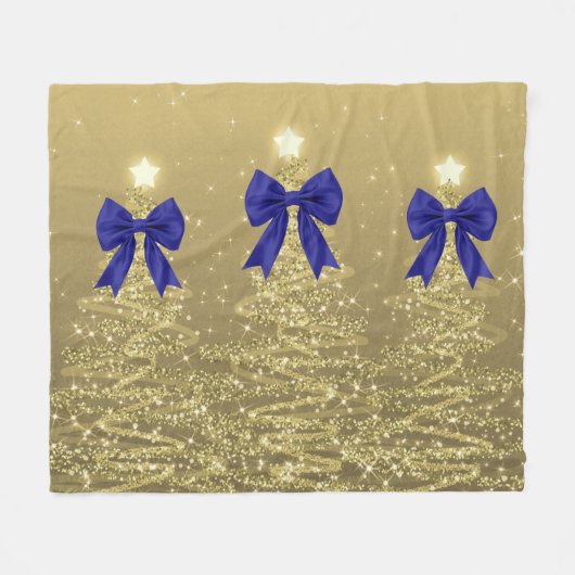 Christmas Sparkling Trees Gold Faux Navy Bow  Fleece Deken (Voorkant (Horizontaal))