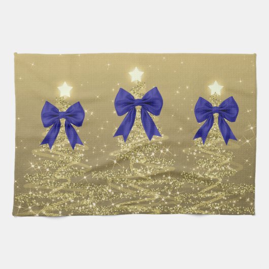 Christmas Sparkling Trees Gold Faux Navy Bow  Theedoek (Horizontaal)