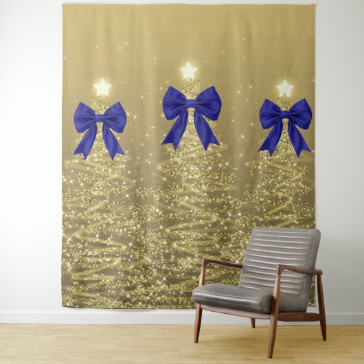 Christmas Sparkling Trees Gold Faux Navy Bow  Wandkleed (In situ)