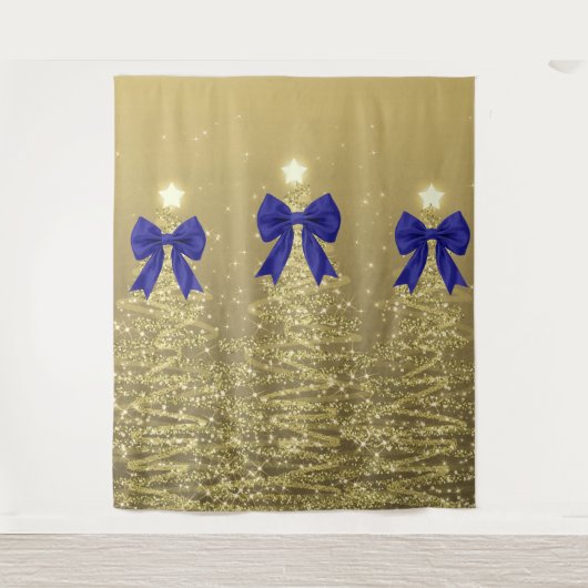 Christmas Sparkling Trees Gold Faux Navy Bow Wandkleed (Voorkant)