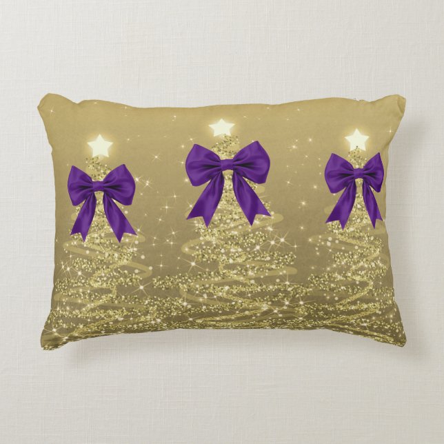 Christmas Sparkling Trees Gold Faux Purple Bow  Accent Kussen (Voorkant)