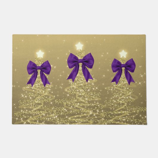Christmas Sparkling Trees Gold Faux Purple Bow Deurmat (Voorkant)