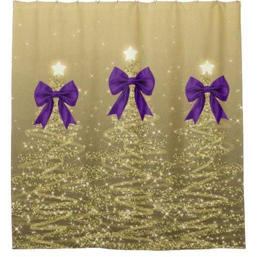 Christmas Sparkling Trees Gold Faux Purple Bow  Douchegordijn (Voorkant)