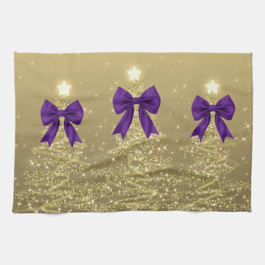 Christmas Sparkling Trees Gold Faux Purple Bow Theedoek (Horizontaal)