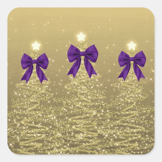 Christmas Sparkling Trees Gold Faux Purple Bow  Vierkante Sticker (Voorkant)