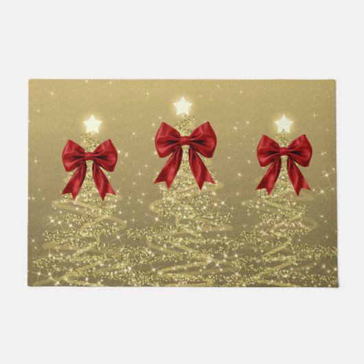Christmas Sparkling Trees Gold Faux Red Bow Deurmat (Voorkant)