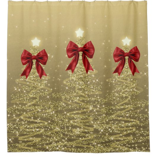 Christmas Sparkling Trees Gold Faux Red Bow Douchegordijn (Voorkant)