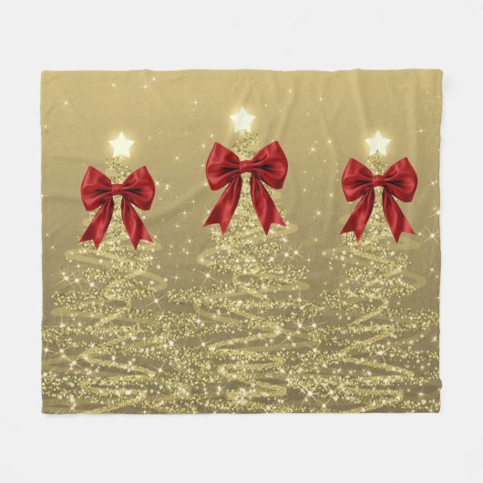 Christmas Sparkling Trees Gold Faux Red Bow Fleece Deken (Voorkant (Horizontaal))
