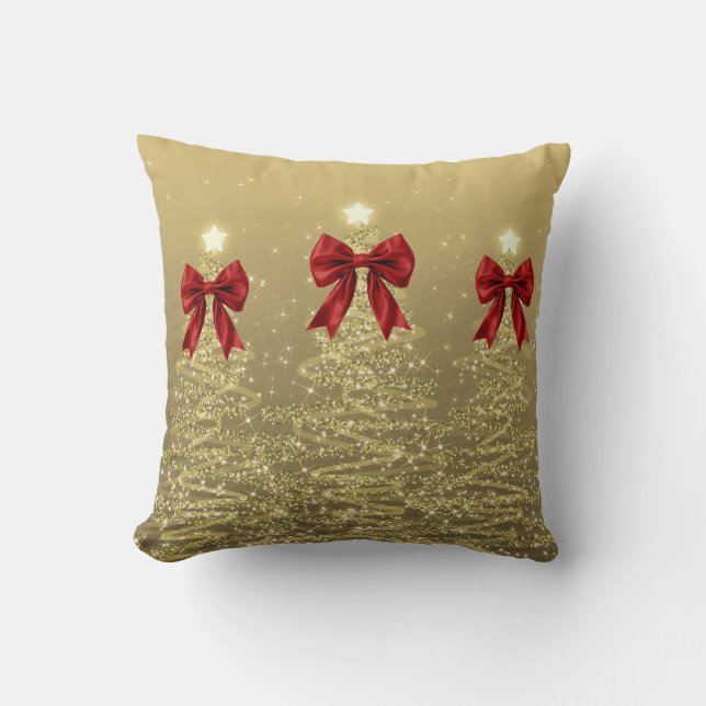 Christmas Sparkling Trees Gold Faux Red Bow Kussen (Voorkant)