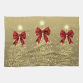 Christmas Sparkling Trees Gold Faux Red Bow Theedoek (Horizontaal)