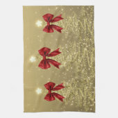 Christmas Sparkling Trees Gold Faux Red Bow  Theedoek (Verticaal)