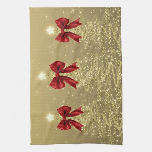 Christmas Sparkling Trees Gold Faux Red Bow Theedoek (Verticaal)
