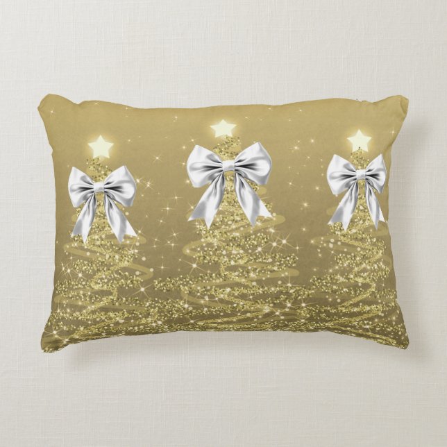 Christmas Sparkling Trees Gold Faux Silver Bow  Accent Kussen (Voorkant)