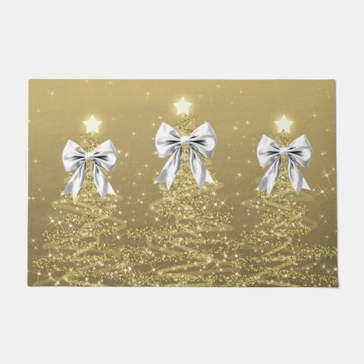 Christmas Sparkling Trees Gold Faux Silver Bow Deurmat (Voorkant)